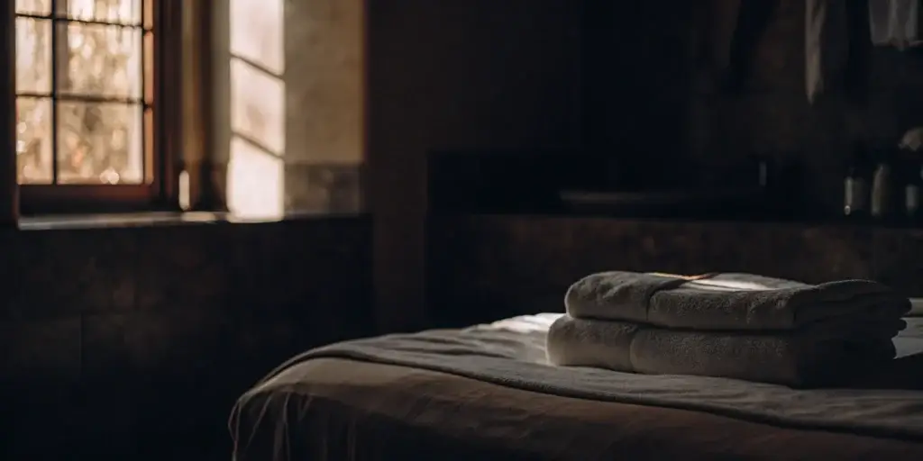 Clean, fluffy comforter on a made bed.