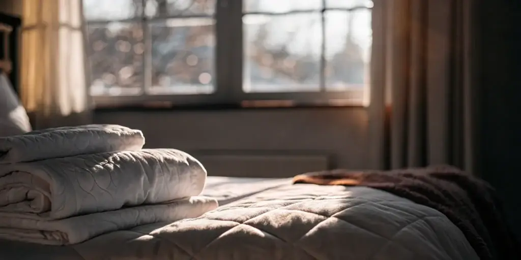 Clean comforter on a made bed.