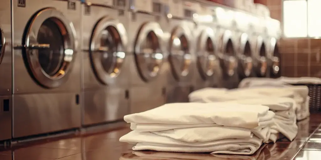 Clean, folded medical linens in Syosset laundry facility.