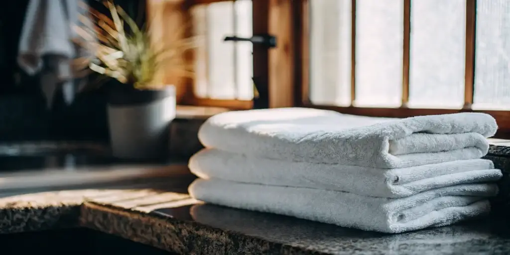 Clean, folded white towels. Dix Hills towel laundry service.