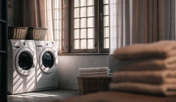 Clean, folded healthcare linens in wicker baskets.