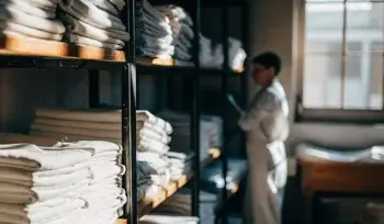 Clean healthcare linens folded on shelves in East Norwich.