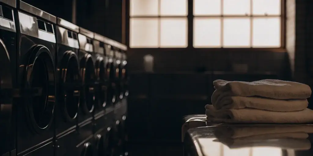 Clean, folded towels in industrial laundry facility.