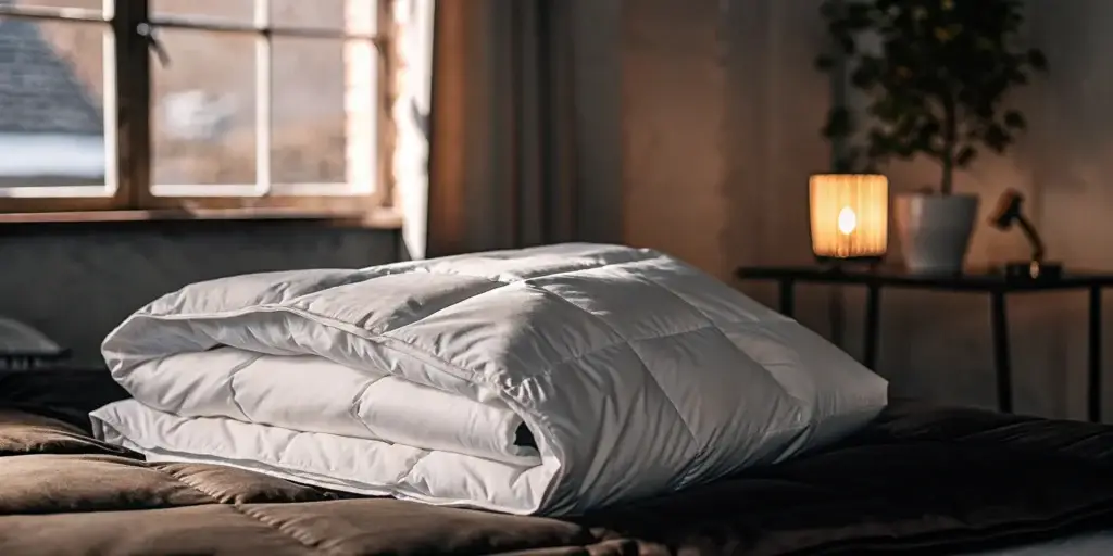 Clean, white comforter on a made bed.