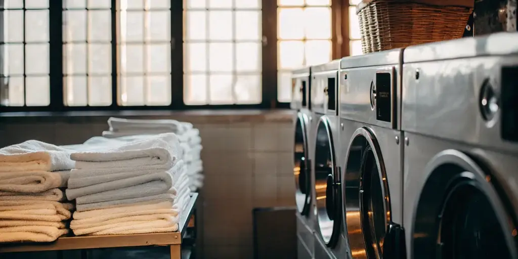 Clean, folded towels in a Plainview medical laundry facility.
