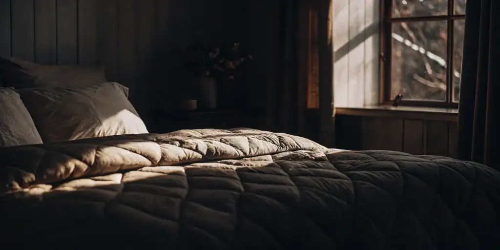 Clean comforter on a made bed.