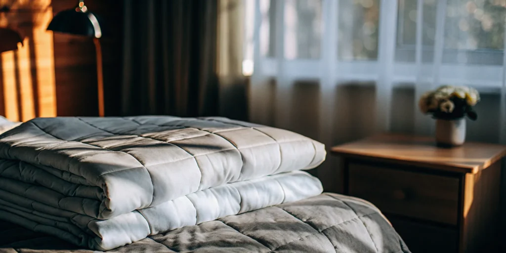 Clean, fluffy comforter on a made bed.