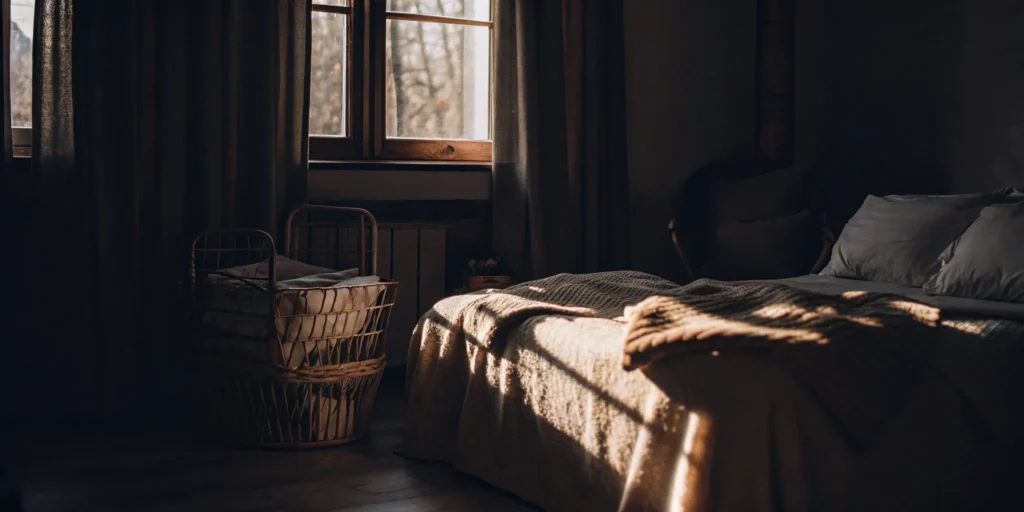 Clean comforter on a neatly made bed.