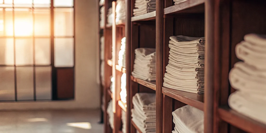 Clean healthcare linens folded on shelves.