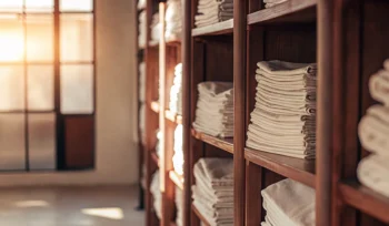 Clean healthcare linens folded on shelves.