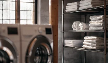 Clean towels stacked in Plainview laundry service.