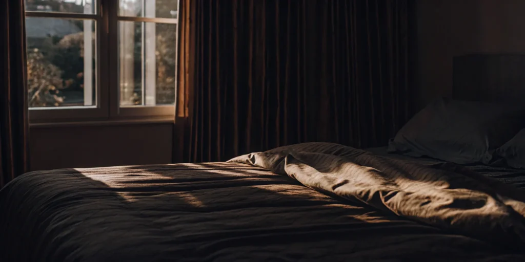 Clean comforter on a made bed.