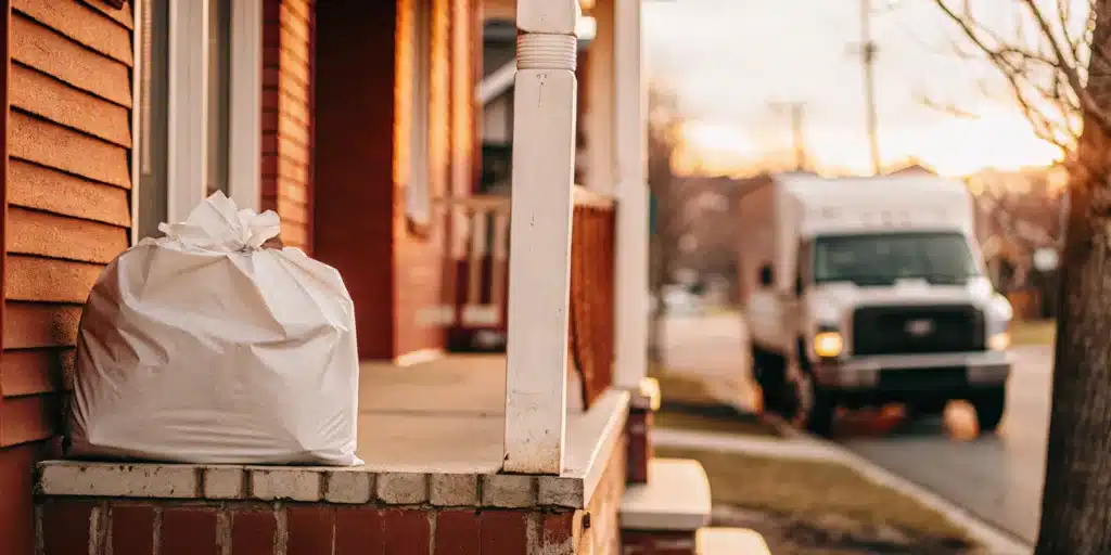 Best laundry pickup and delivery service in Mineola. Laundry bag awaiting pickup.