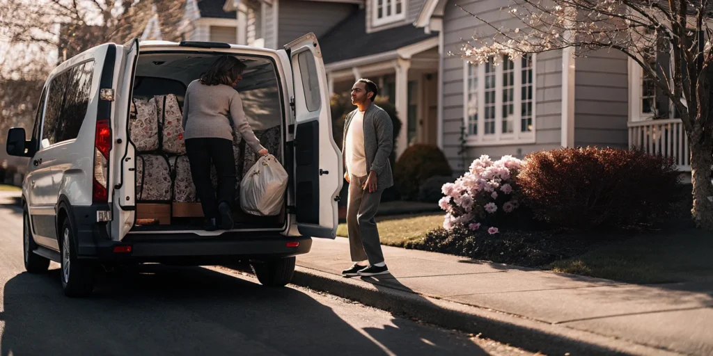 Best laundry pickup and delivery service in Roslyn loading bags into van.