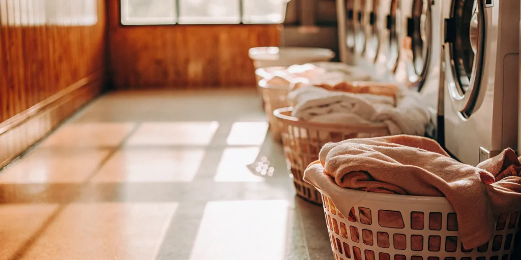 Baskets of clean clothes in front of modern machines at the best laundromat in Bayville.
