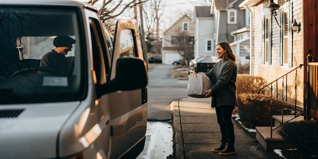 Woman receiving laundry delivery from a service van at her home in Bayville.