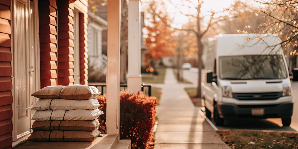 Laundry delivery bags on a porch in Oyster Bay Cove.