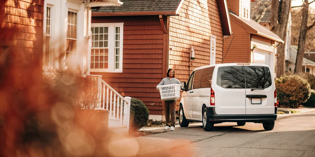 Woman handing off a basket for a laundry pickup service at her home in Bayville.