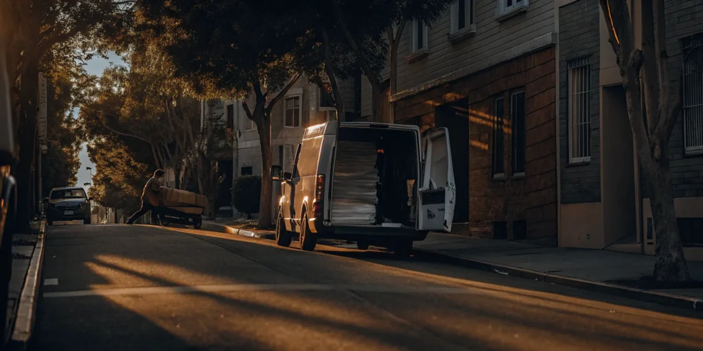 Laundry delivery van on a residential street in Albertson with a worker loading laundry bags.