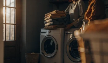 Woman folding professionally cleaned laundry from a delivery service in Oyster Bay.