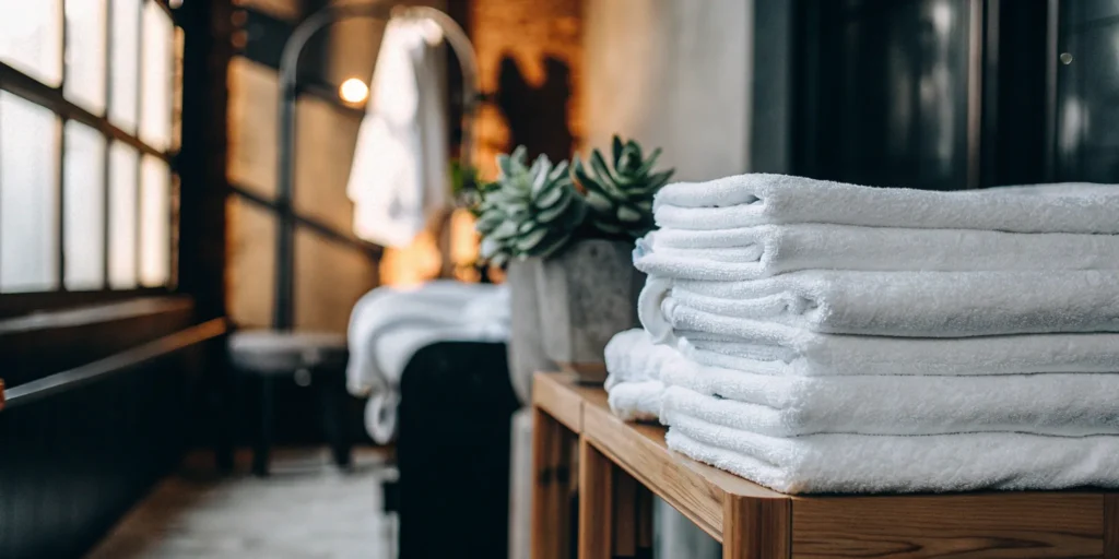 Fresh, folded towels from a commercial towel laundry service in Oyster Bay.