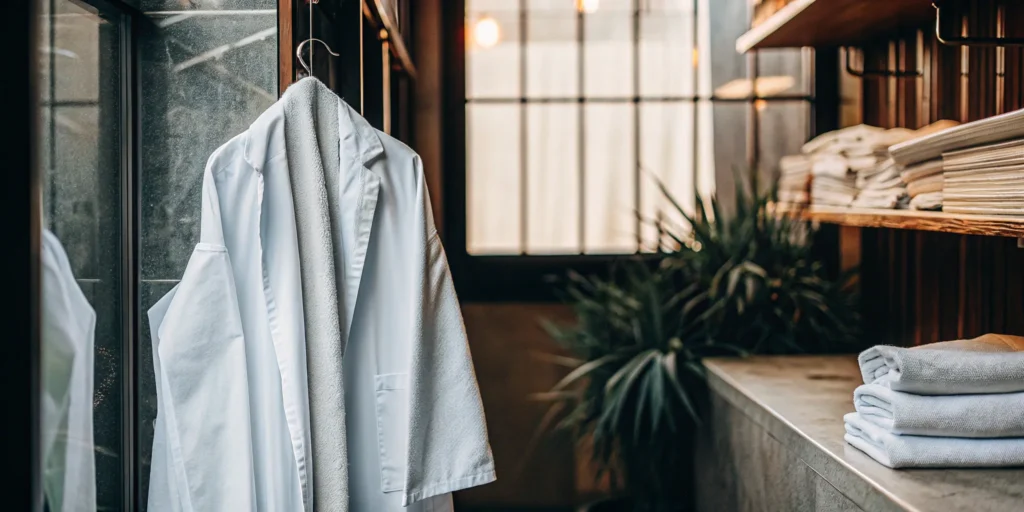 Sanitized medical linens, including a lab coat and towels, from a professional Oyster Bay laundry service.