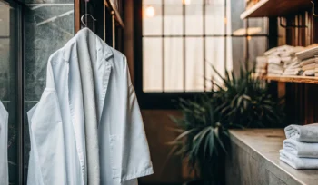 Sanitized medical linens, including a lab coat and towels, from a professional Oyster Bay laundry service.
