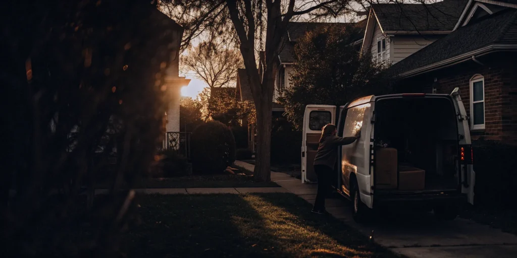 A person loading laundry into a pickup service van in Bay Shore.