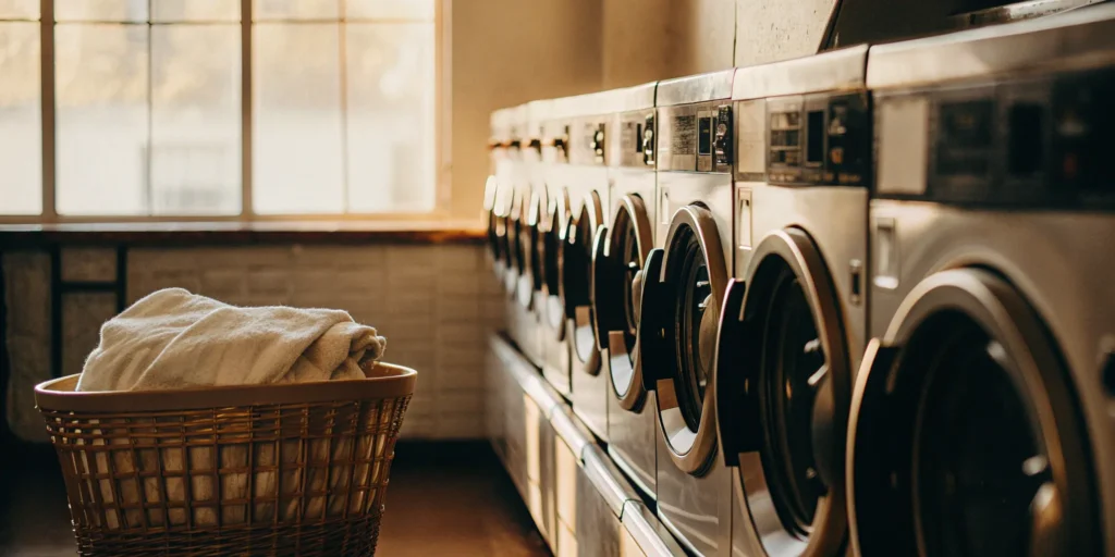 A row of industrial machines at the best commercial laundry service in Carl Place.