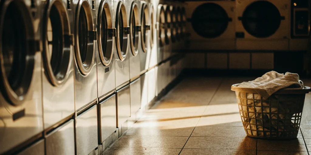 Row of modern washing machines at the best laundromat in Upper Brookville.