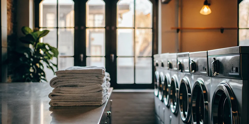 Folded linens and washing machines at the best commercial laundry service in Plainview.