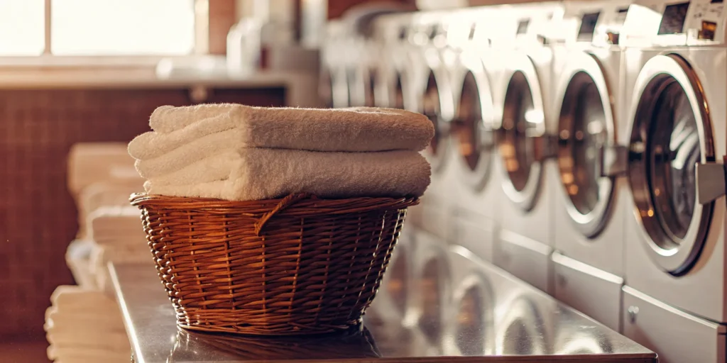 A basket of folded towels from the best commercial laundry service in East Hills.