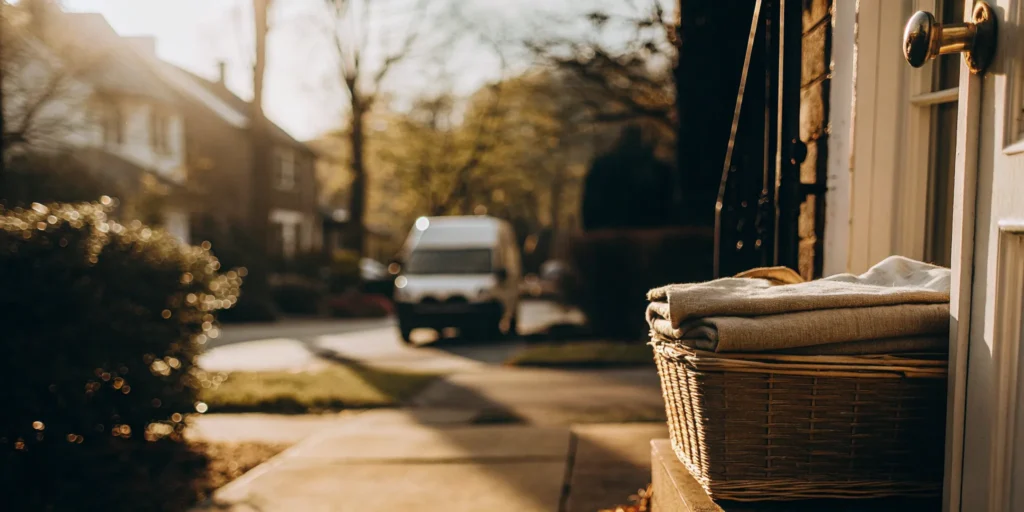 A laundry basket on a doorstep from the best laundry pickup and delivery service in East Norwich.