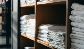 Shelves of professionally cleaned healthcare linen for a medical facility in Bellmore.
