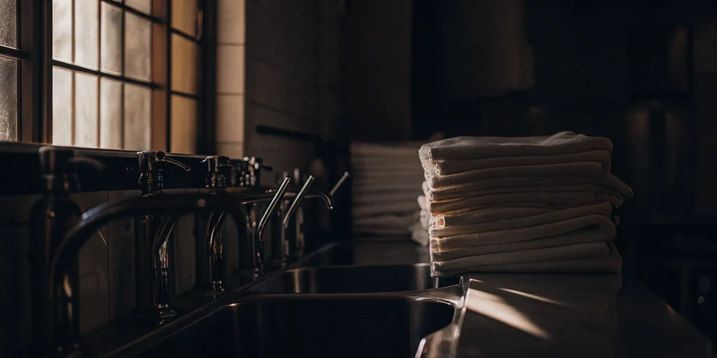 Sanitized medical laundry towels stacked in a Brookville healthcare facility.