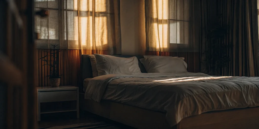 A professionally cleaned comforter on a bed in a Rockville Centre bedroom.