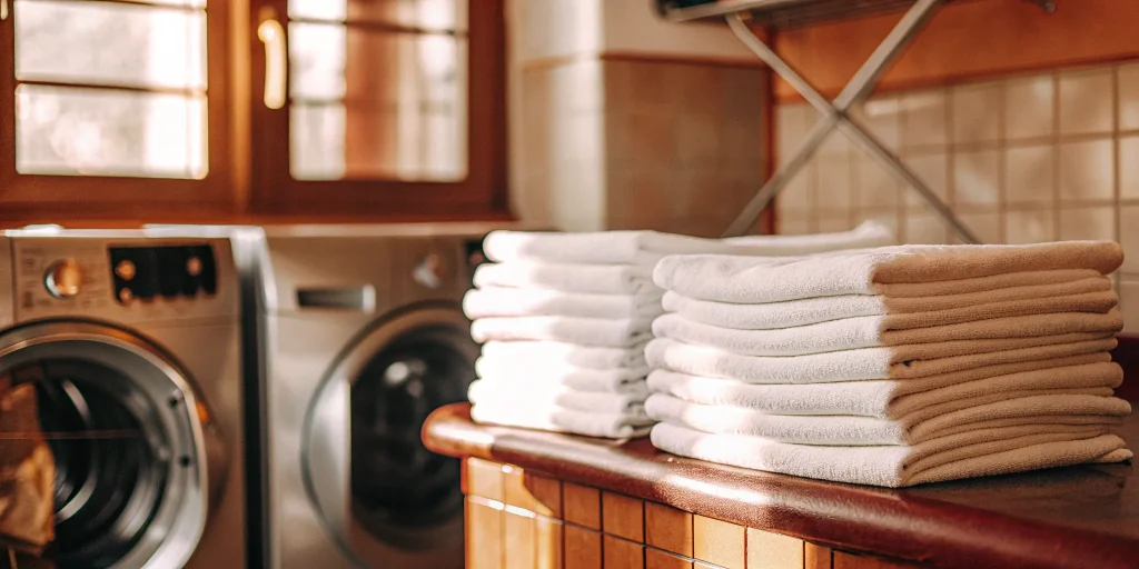 Old Brookville medical laundry service with stacks of sanitized patient towels.