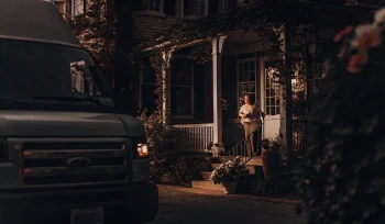 Laundry delivery van arriving at a Centre Island home.