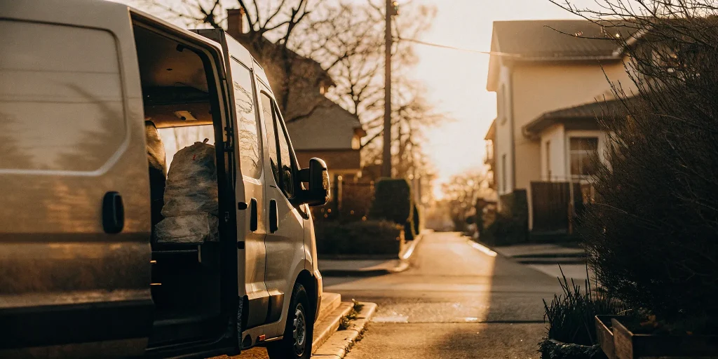 A laundry delivery van making a stop in a residential Garden City neighborhood.