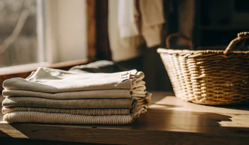 A stack of professionally folded laundry from a Bethpage laundry pickup service.