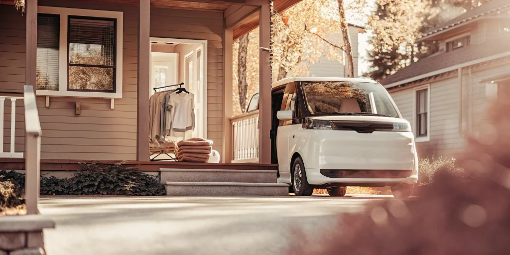 Laundry pickup service van collecting laundry from a front porch in Garden City.