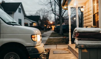 Laundry delivery van outside a Brookville home with freshly folded towels on the porch.