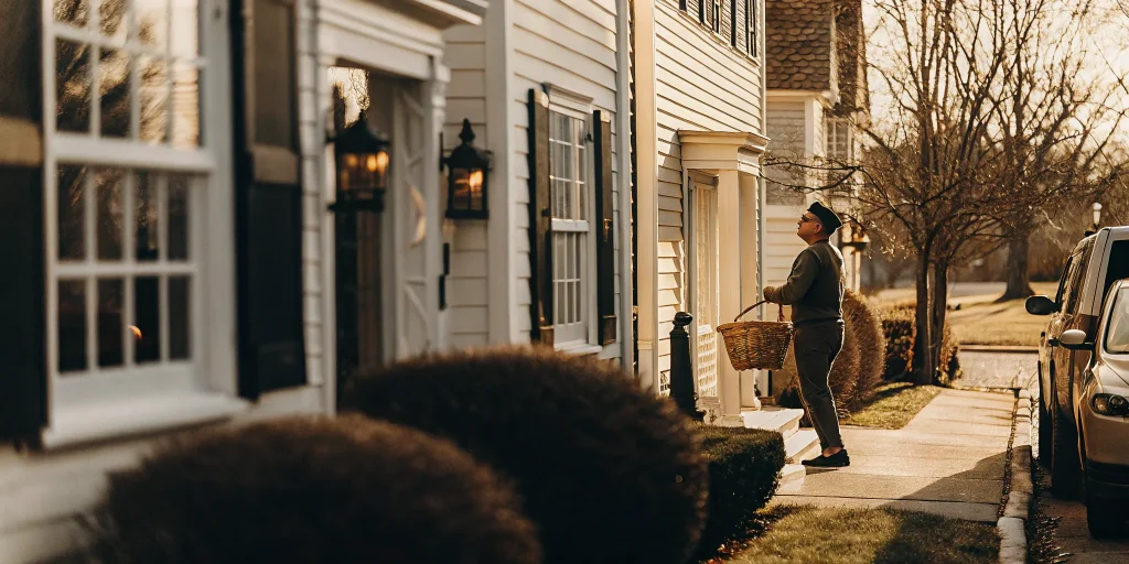 Laundry delivery driver picks up a basket of laundry from an Old Brookville home doorstep.