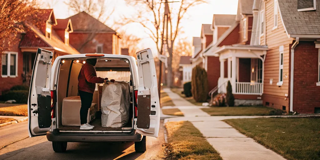 Laundry pickup service van on a residential street in Brookville.