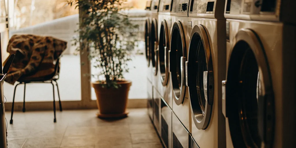 Row of modern washing machines in one of the best laundromats in Lattingtown.