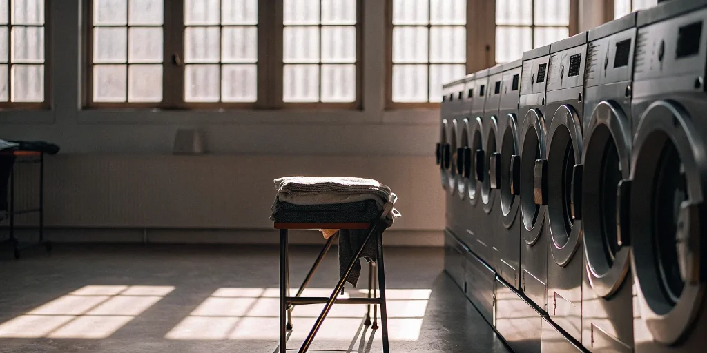 Neatly folded laundry and modern machines at the best laundromat in Locust Valley.