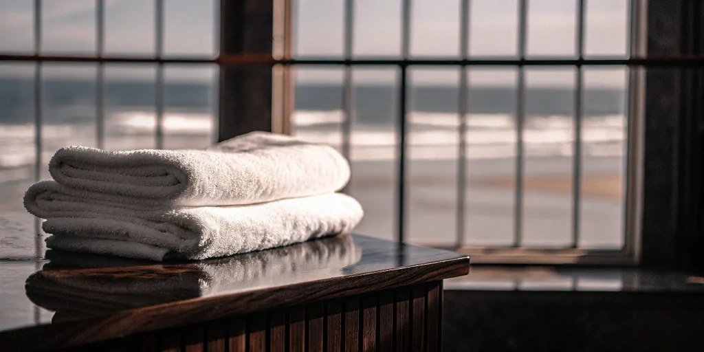 Clean, folded towels delivered by a commercial towel laundry service in Centre Island.