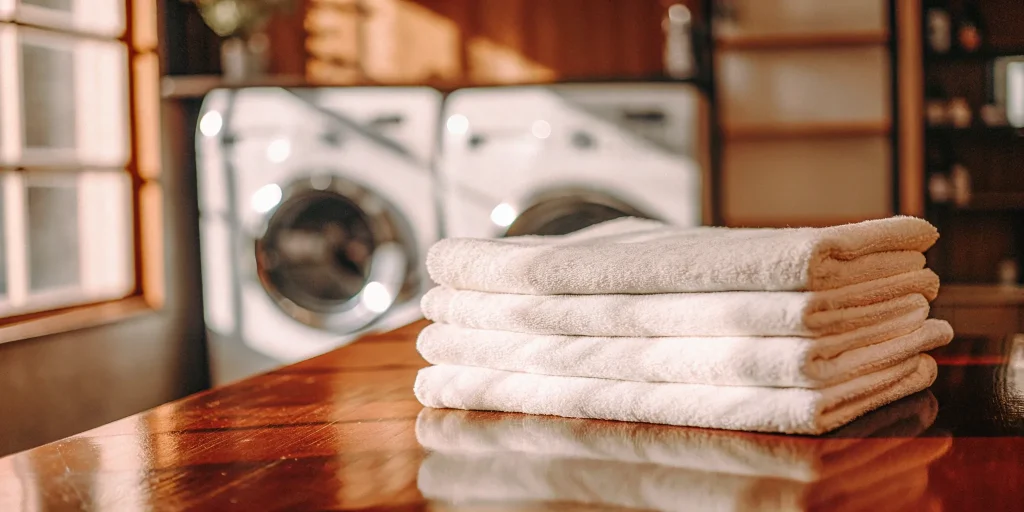 Folded white towels from a Bethpage towel laundry service with commercial machines.